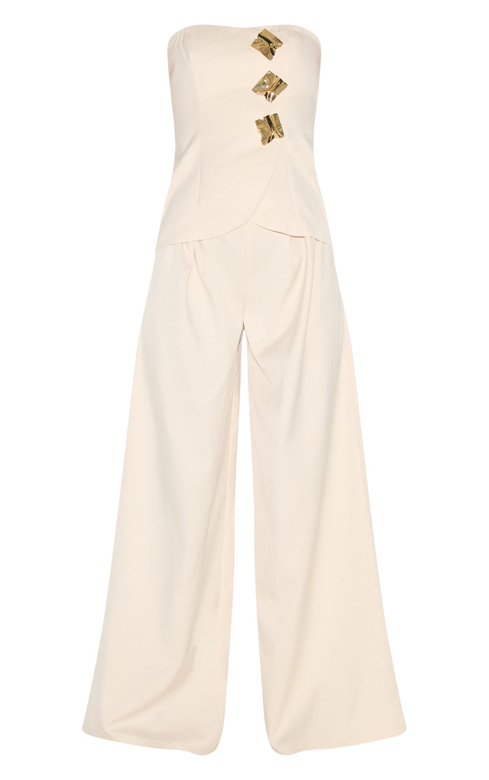 Cream Woven Bandeau Trim Detail Straight Leg Jumpsuit Product Image