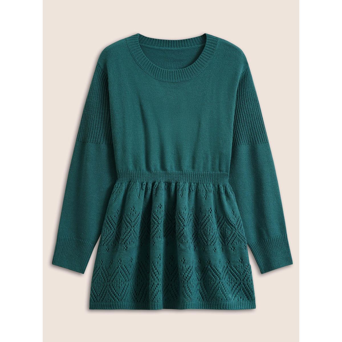 Plus Size Solid Hollow Out Elastic Waist Knit Pullover Teal Women Casual Long Sleeve Round Neck Everyday Pullovers BloomChic 22-24/3X Product Image