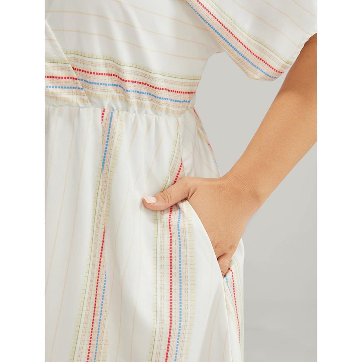 Plus Size Striped Contrast Flutter Hem Dolman Sleeve Pocket Split Wrap Dress Ivory Women Vacation Contrast V-neck Short sleeve Curvy Midi Dress BloomChic 22-24/3X Product Image