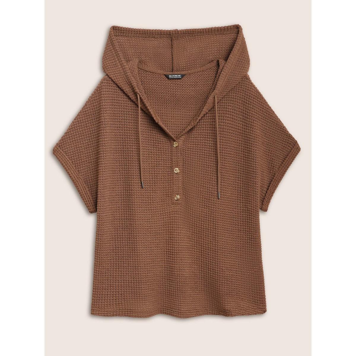 Plus Size Solid Hooded Drawstring Dolman Sleeve T-shirt DarkBrown Women Casual Texture Hooded Everyday T-shirts BloomChic 14-16/1X Product Image