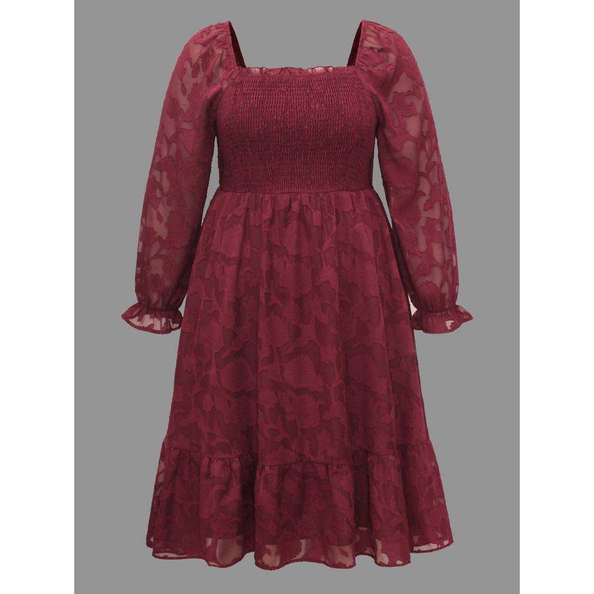 Plus Size Jacquard Texture Square Neck Midi Dress Burgundy Women Elegant Texture Party Curvy Bloomchic 10/M Product Image