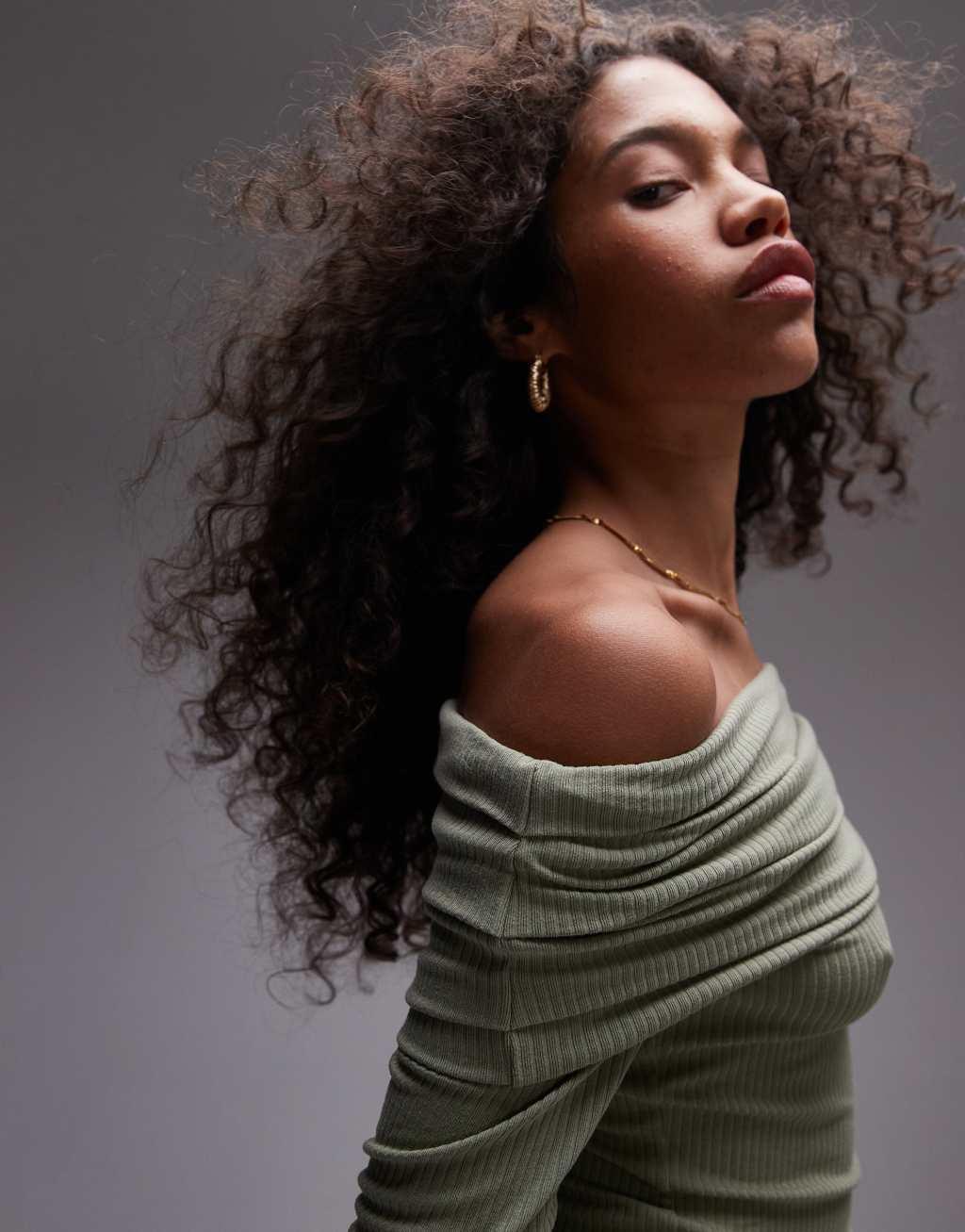 Topshop premium ribbed long sleeve bardot top in washed khaki Product Image