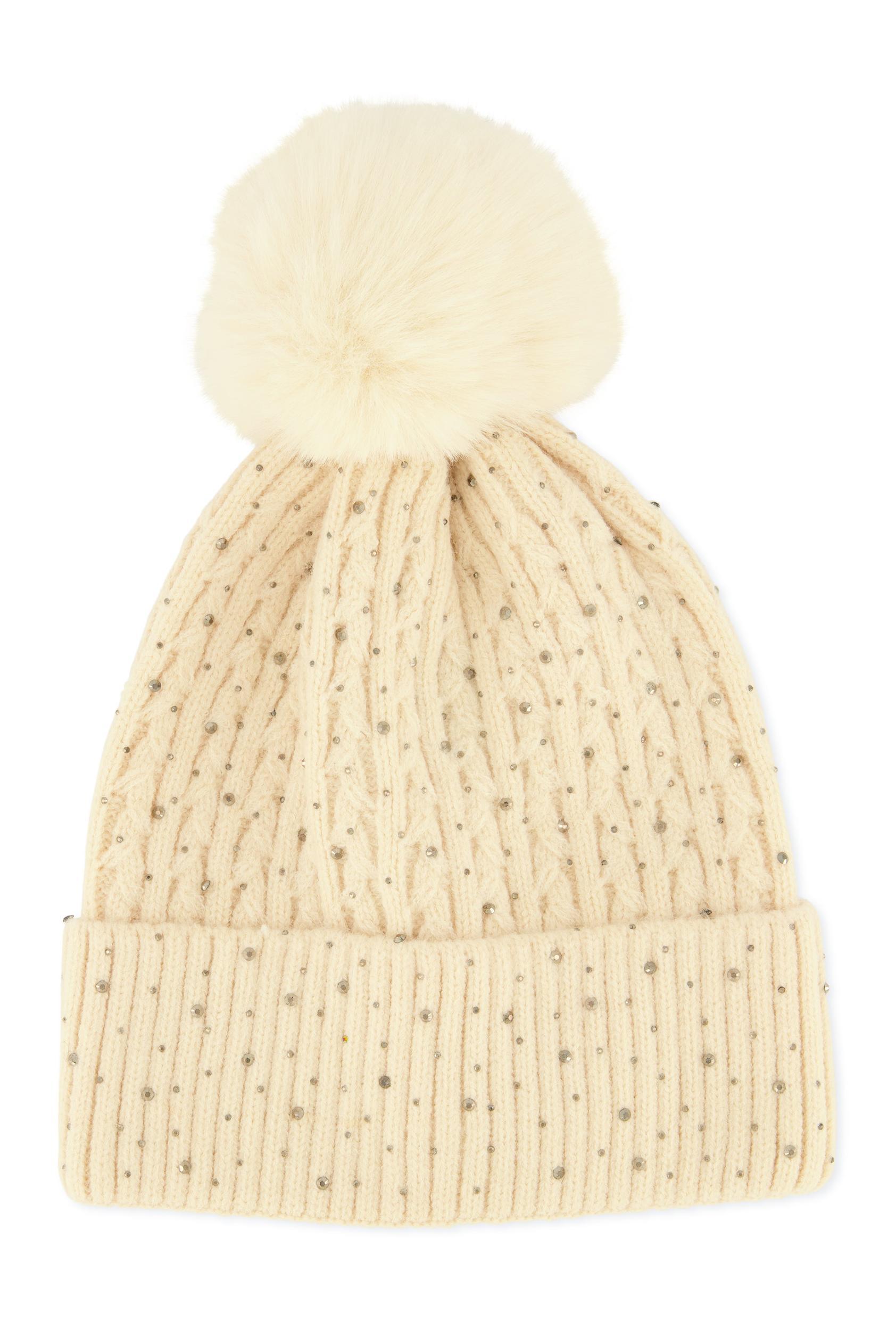 Rhinestone Cable Knit Pom Pom Beanie Female Product Image