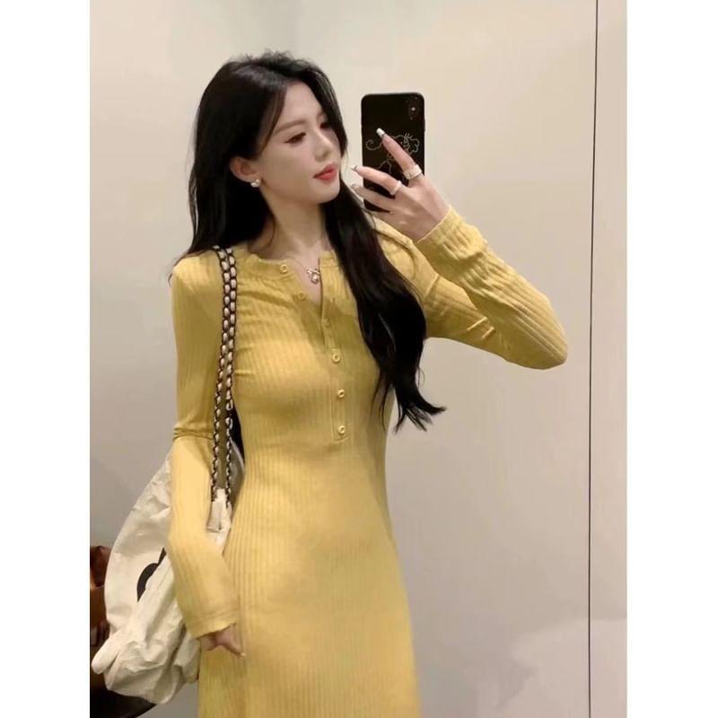 Long-Sleeve Henley Ribbed Midi A-Line Knit Dress Product Image