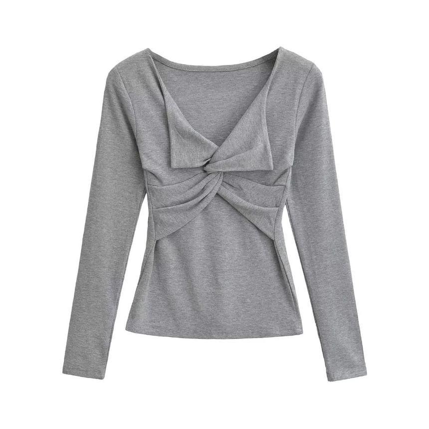 Long-Sleeve V-Neck Plain Knotted T-Shirt Product Image