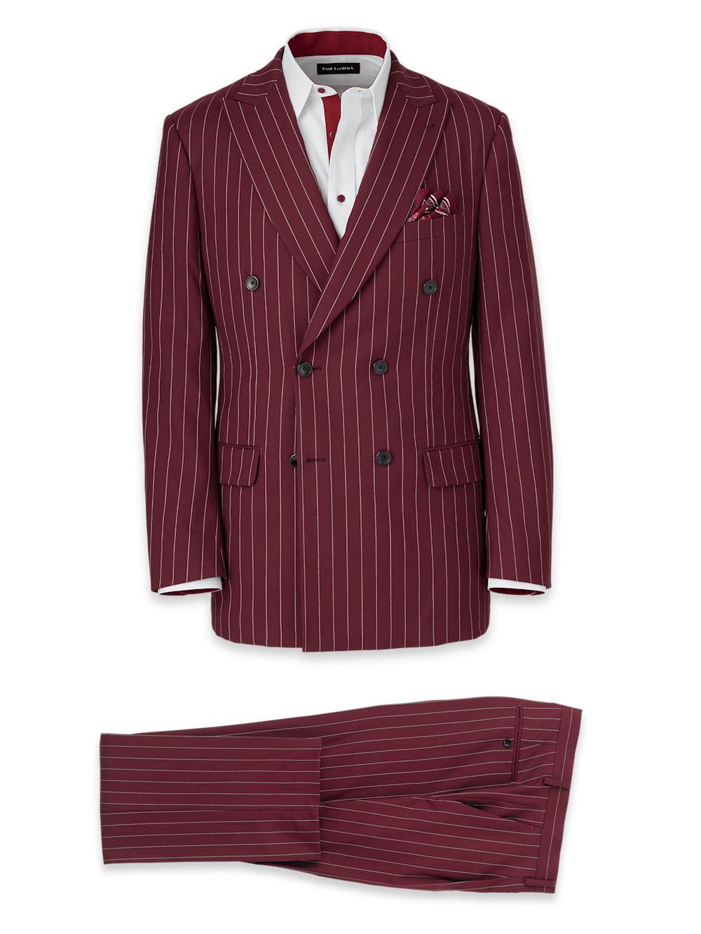 Wool Stretch Stripe Double Breasted Peak Lapel Suit - Burgundy Product Image