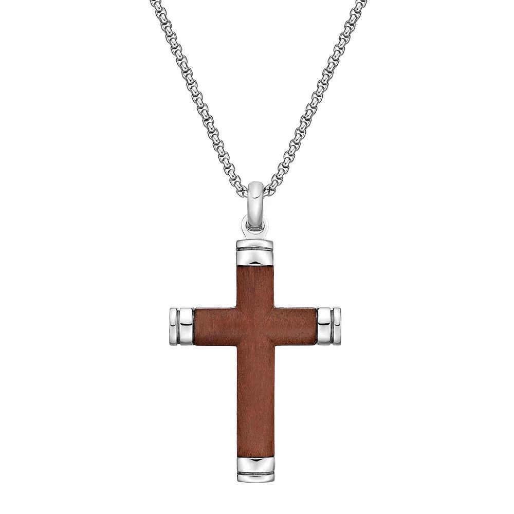 LYNX Stainless Steel and Wood Cross Men's Pendant, Size: 24" Product Image