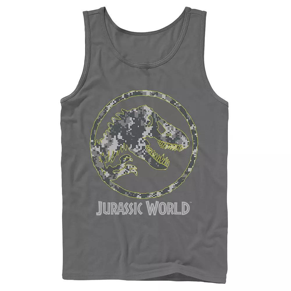 Men's Jurassic World Camouflage Yellow Outline Fossil Coin Logo Tank Top, Size: Large, White Product Image