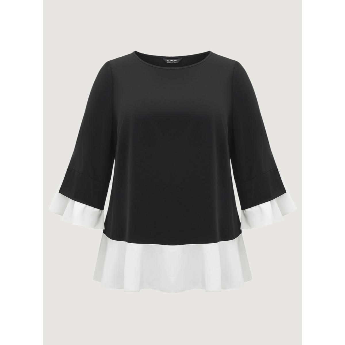 Plus Size Black Contrast Patchwork Bell Sleeve Blouse Women Elegant Elbow-length sleeve Round Neck Everyday Blouses BloomChic 30/6X Product Image