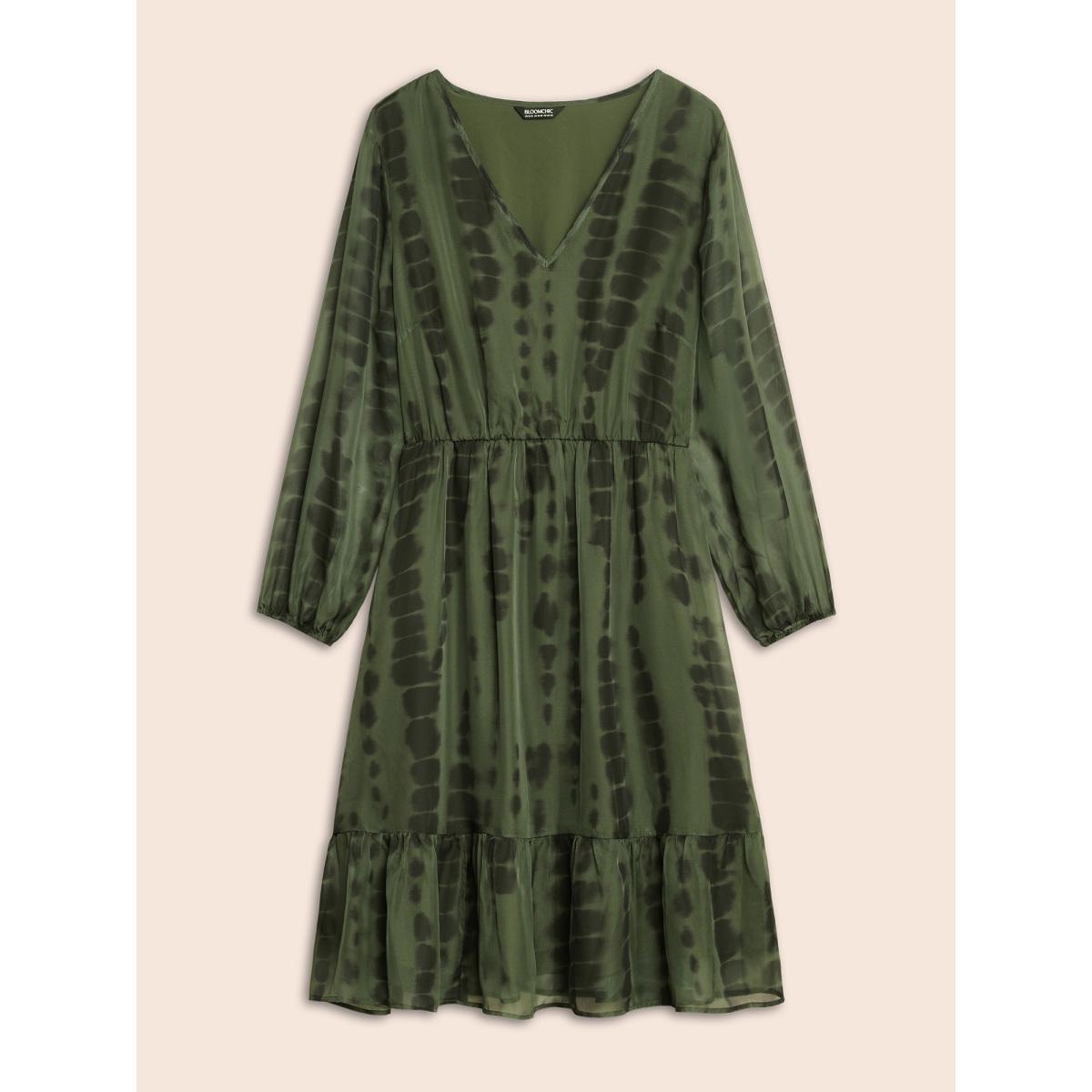 Plus Size Geometric Mesh Lantern Sleeve Midi Dress ArmyGreen Women At the Office See through V-neck Long Sleeve Curvy BloomChic 10/M Product Image