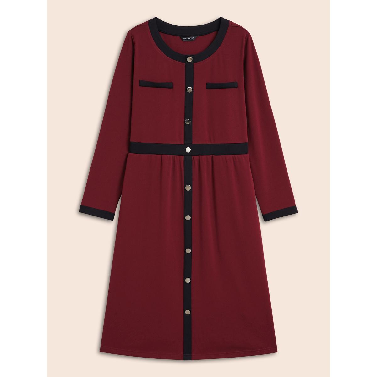 Plus Size Contrast Patchwork Metal Detail Dress Burgundy Women Elegant Contrast Round Neck Long Sleeve Curvy BloomChic 26/4X Product Image