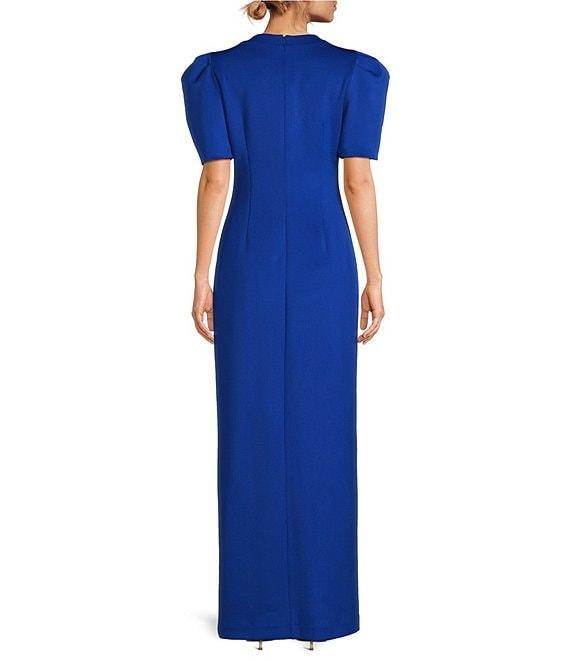 Belle by Badgley Mischka Nina Crew Neck Short Puff Sleeve Front Slit Sheath Maxi Dress Product Image