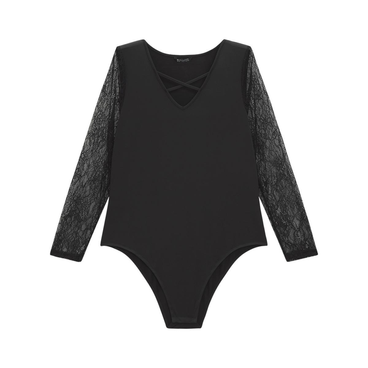 Plus Size Plain Lace Mesh Patchwork Crisscross Bodysuit Women Black Plain Patchwork Bodysuits BloomChic 12/L Product Image