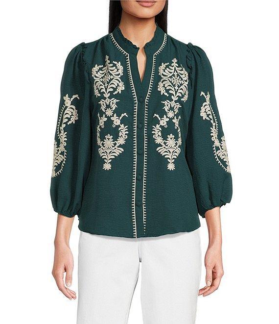 Calessa Petite Size Embroidered Placement Print Ruffle Split V-Neck 3/4 Sleeve Button Front Tunic Product Image