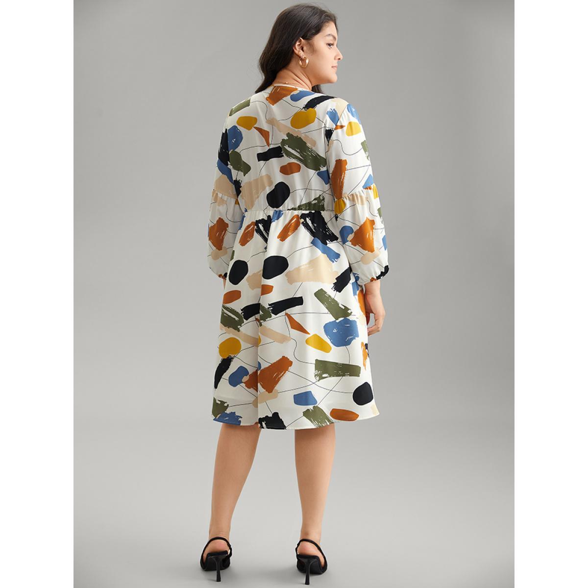 Plus Size Colored Brush Print Pocket Button Detail Dress Ivory Women At the Office Elastic cuffs V-neck Long Sleeve Curvy Midi Dress BloomChic 30/6X Product Image