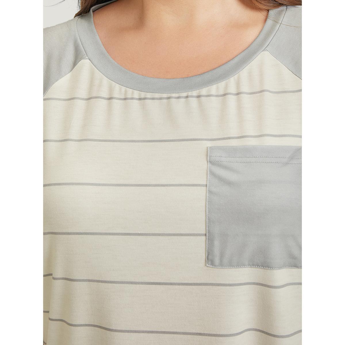 Plus Size Striped Patched Pocket Raglan Sleeve T-shirt Gray Women Casual Striped Round Neck Dailywear T-shirts BloomChic 30/6X Product Image
