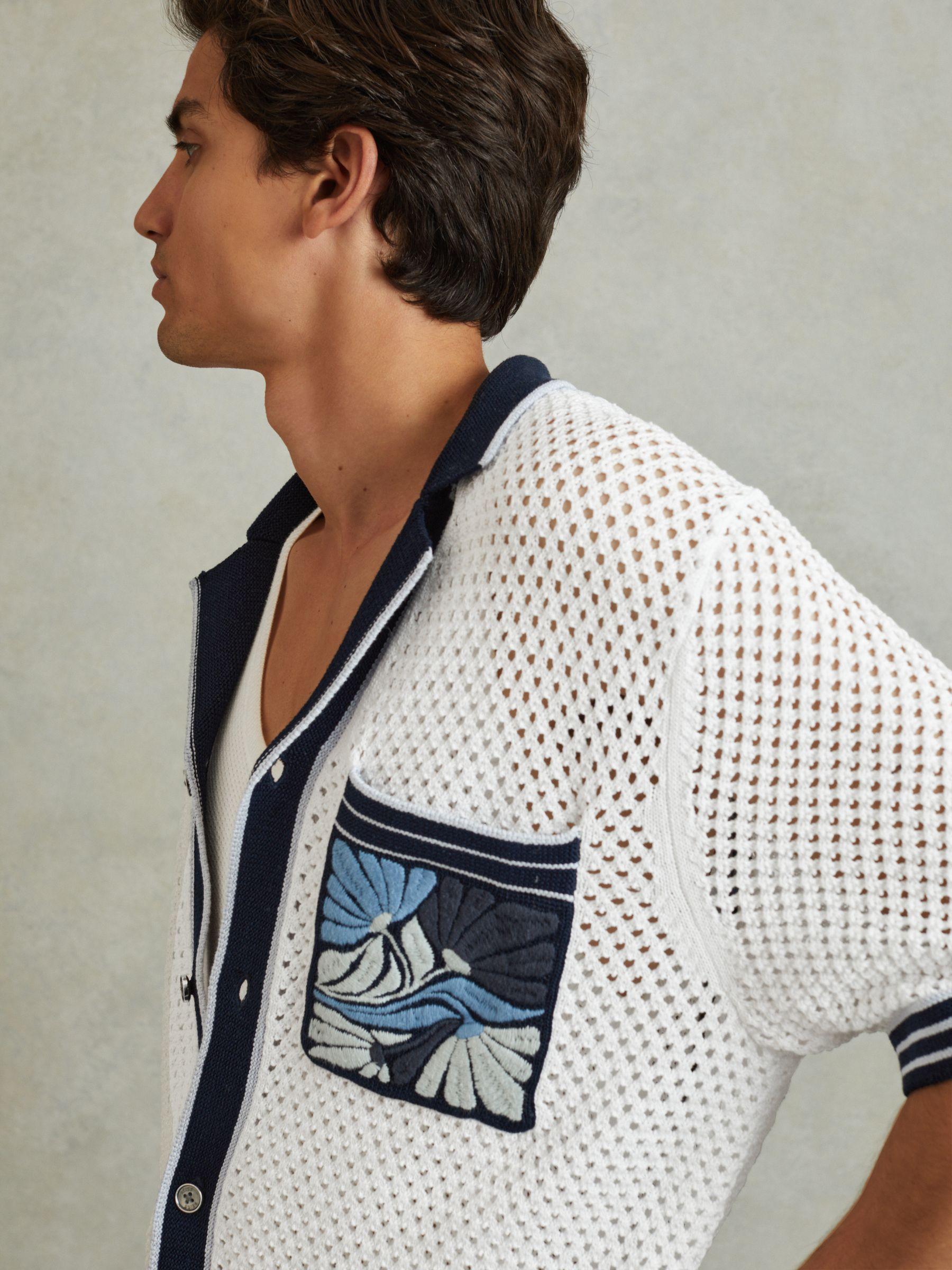 Open-Stitch Embroidered Cuban Collar Shirt in White/Blue Product Image