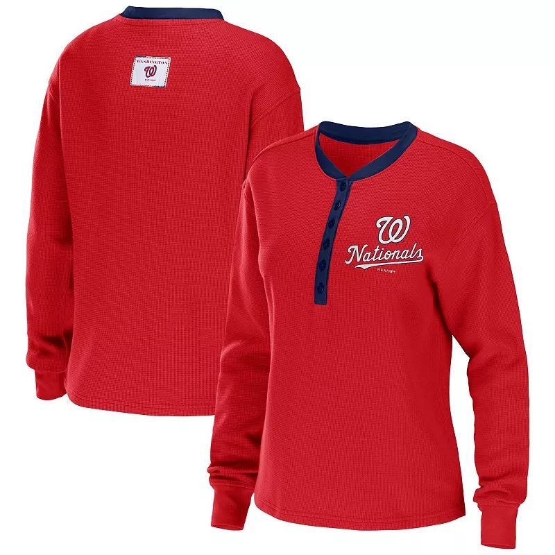 Women's WEAR by Erin Andrews Red Washington Nationals Waffle Henley Long Sleeve T-Shirt, Size: 2XL Product Image