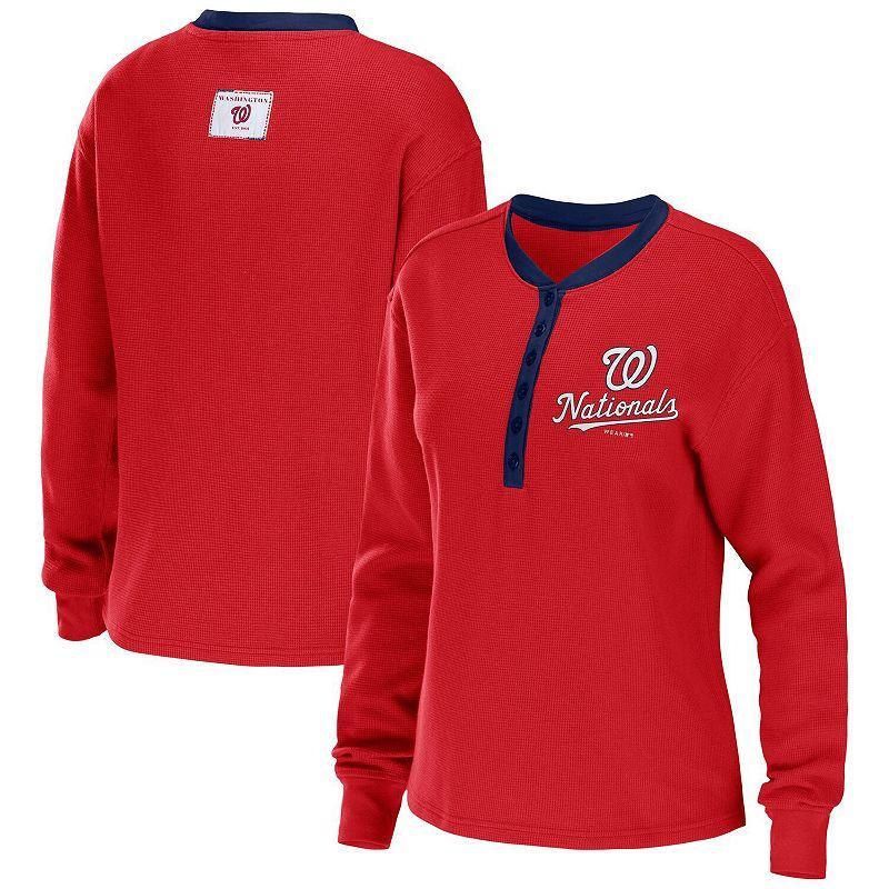 Women's WEAR by Erin Andrews Red Washington Nationals Waffle Henley Long Sleeve T-Shirt, Size: 2XL Product Image