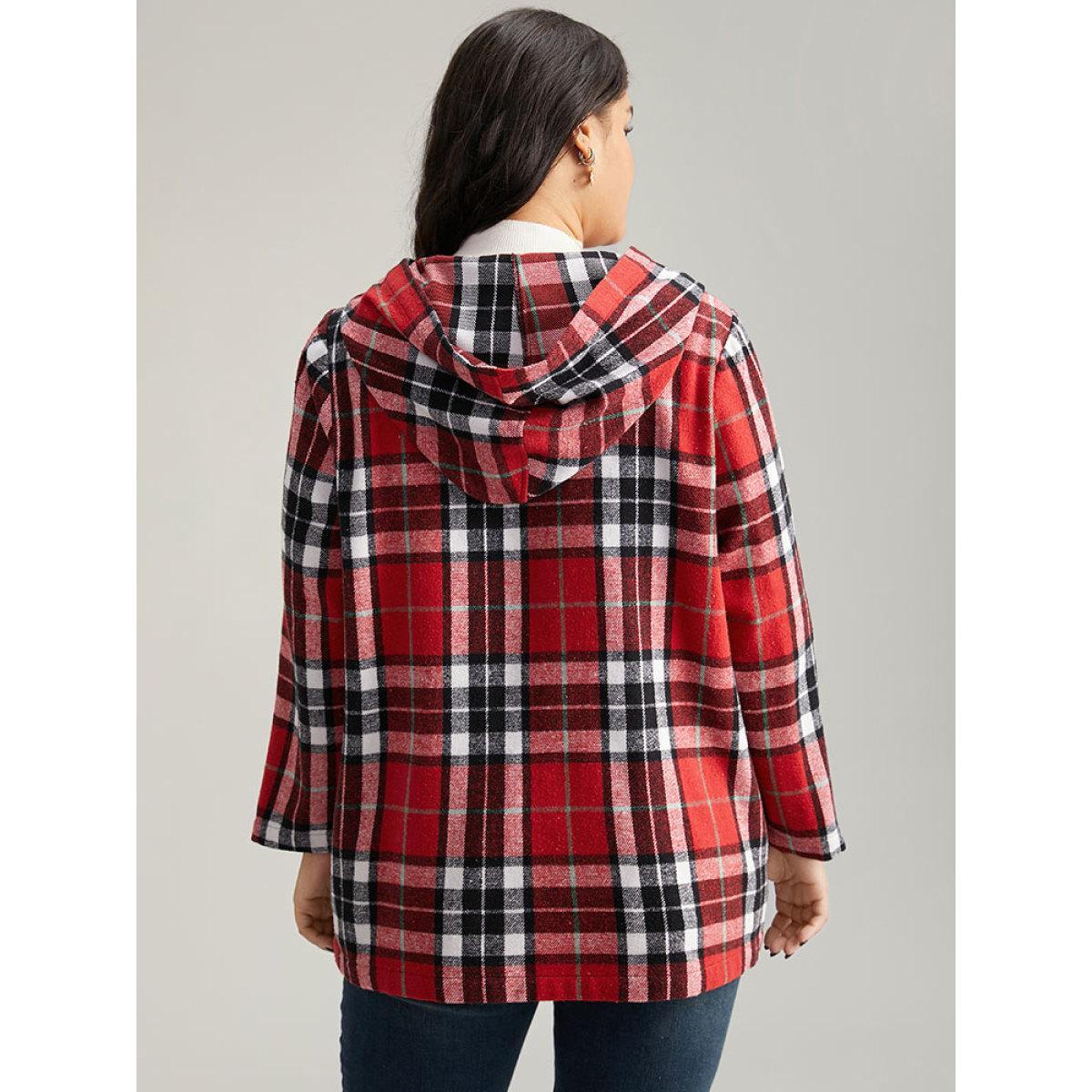 Plus Size Plaid Hooded Pocket Duffle Button Coat Women Crimson Casual Contrast Ladies Dailywear Winter Coats BloomChic 10/M Product Image