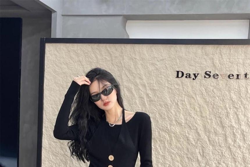 Mock Two-Piece Long-Sleeve Halter Plain Button Ribbed Knit Top Product Image