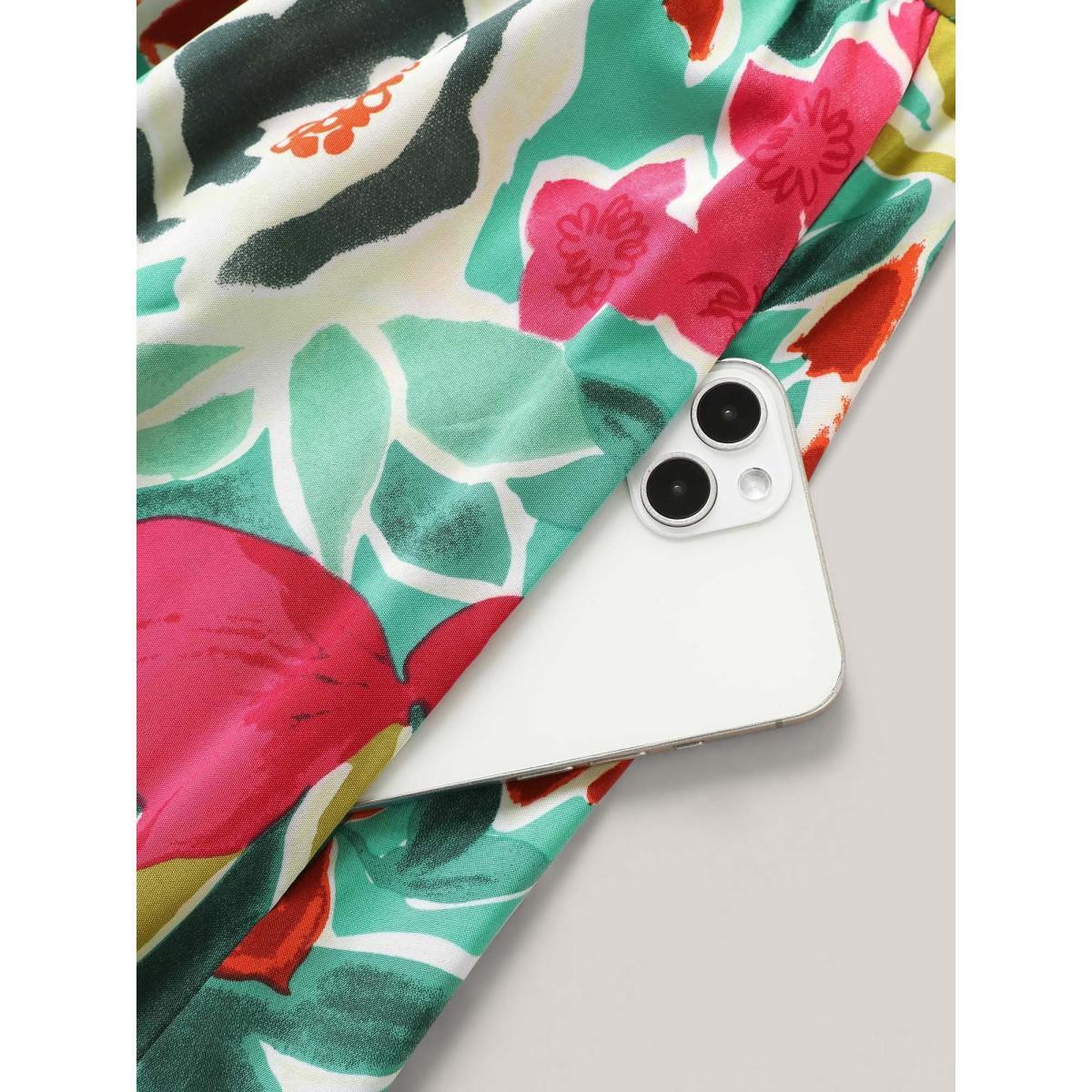 Plus Size Floral Wrap Patchwork Ruffle Cap Sleeve Dress Emerald Women Resort Belted V-neck Cap Sleeve Curvy BloomChic 10/M Product Image