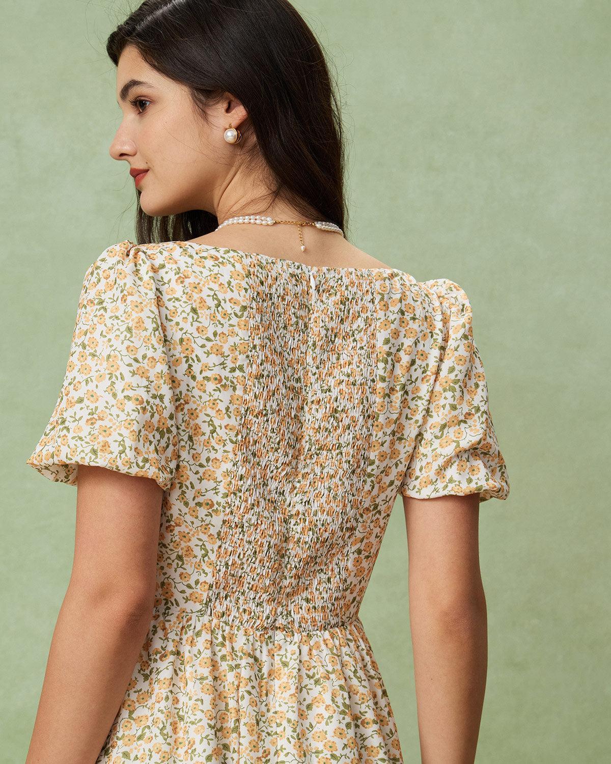 Yellow Floral Puffed Sleeve Midi Dress Product Image