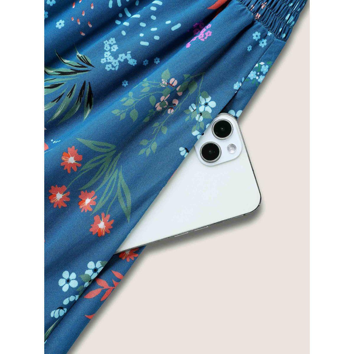 Plus Size Rayon Playful Floral Shirred Midi Dress Mediumblue Women Notched collar Short sleeve Curvy BloomChic 30/6X Product Image