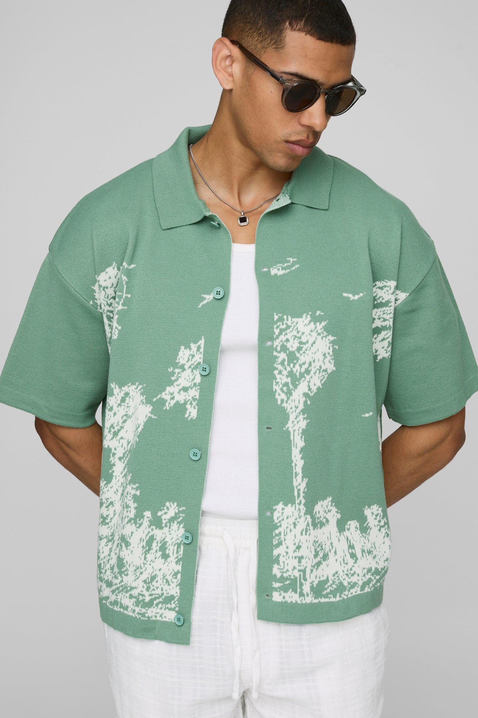 Relaxed Fit Scenic Jacquard Knitted Shirt | boohooMAN USA Product Image