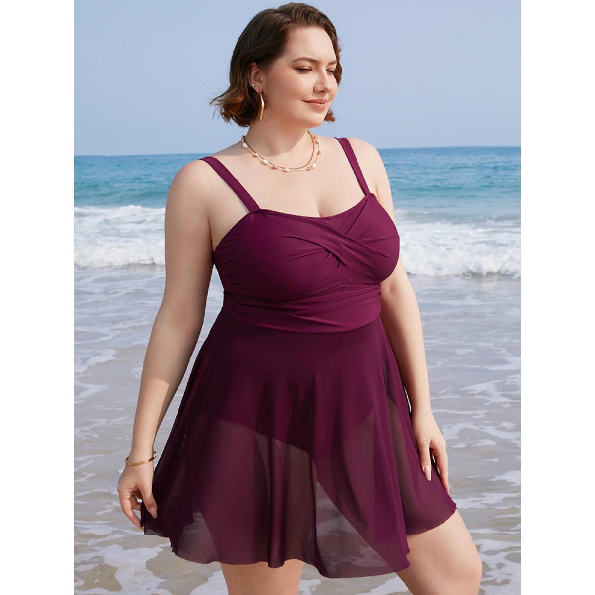 Plus Size Mesh Patchwork Flutter Crossover Sculpt Waist Swim Dress Women's Swimwear RedViolet Vacation Bodycon High stretch Curve Swim Dresses BloomChic 26/4X Product Image
