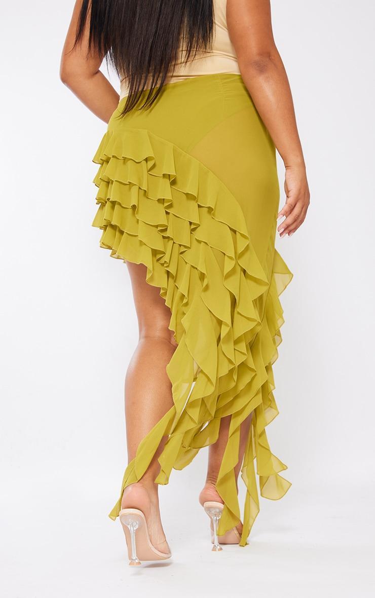 Plus Olive Ruffle Detail Asymmetric Midi Skirt Product Image
