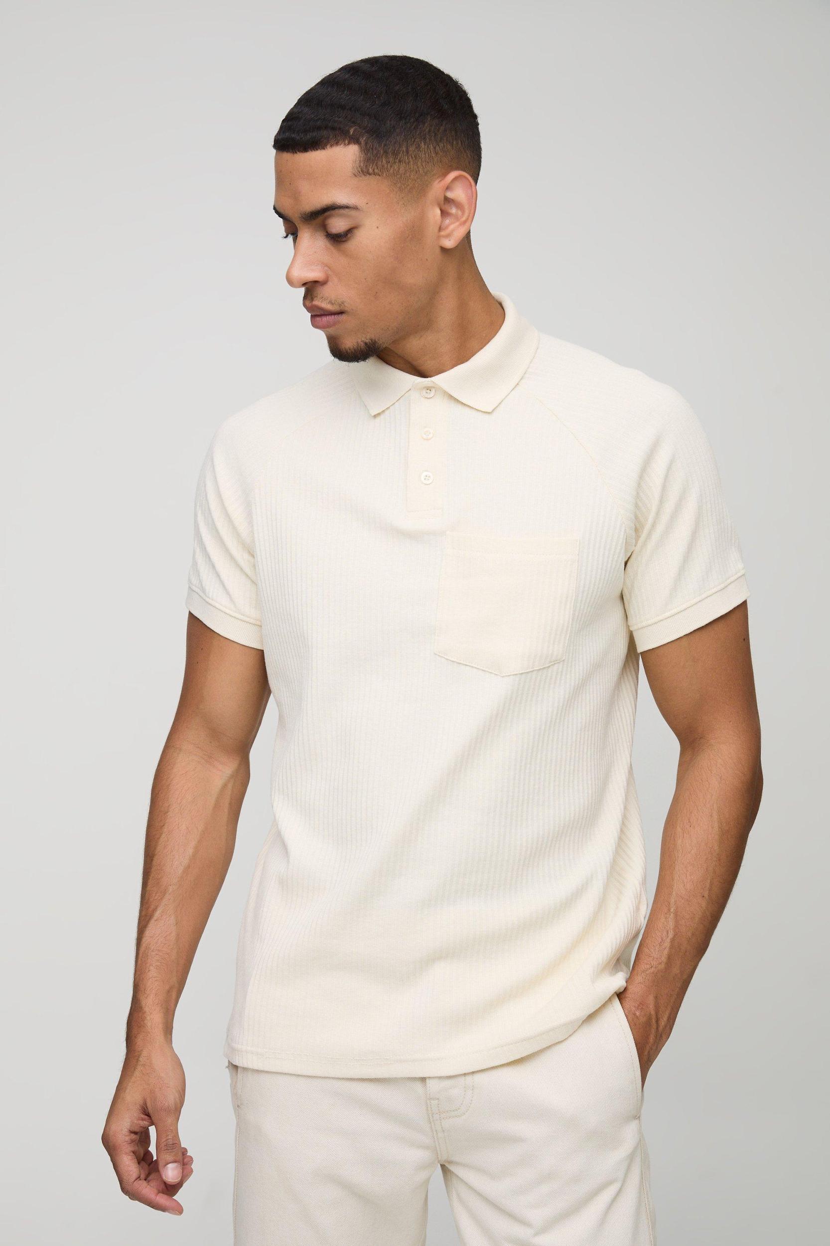 Mens Cream Regular Fit Jersey Rib Button Up Pocket Polo, Cream Product Image