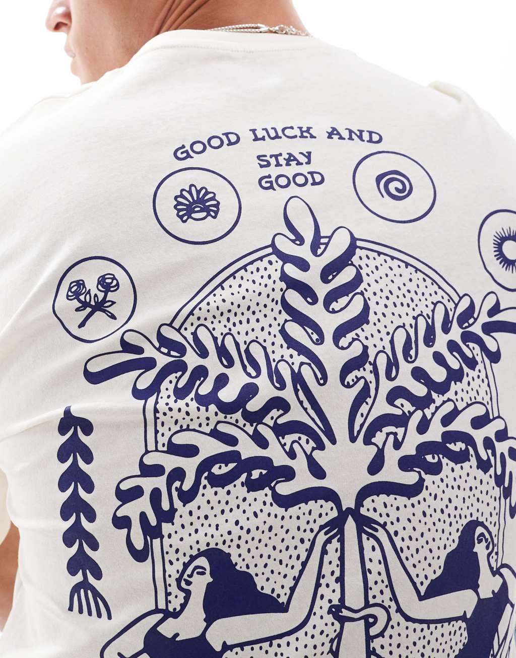Jack & Jones oversized T-shirt with palm tree back print in ecru Product Image