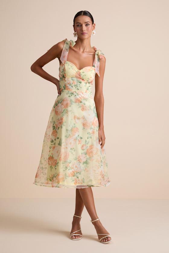 Olesya Light Yellow Floral Tie-Strap Midi Dress Product Image