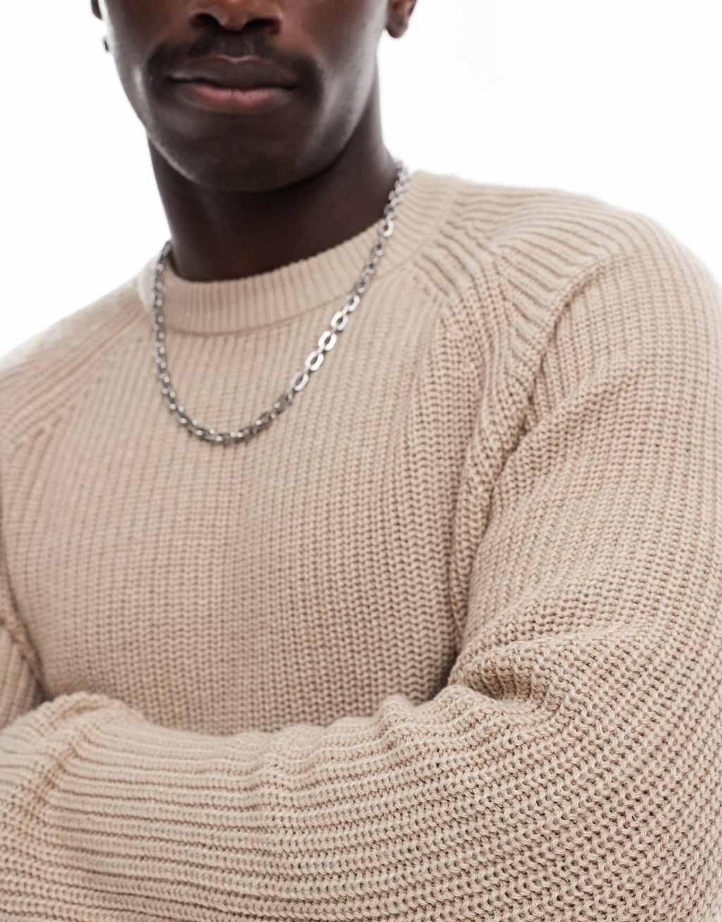ADPT oversized fisherman rib crew neck sweater in beige Product Image