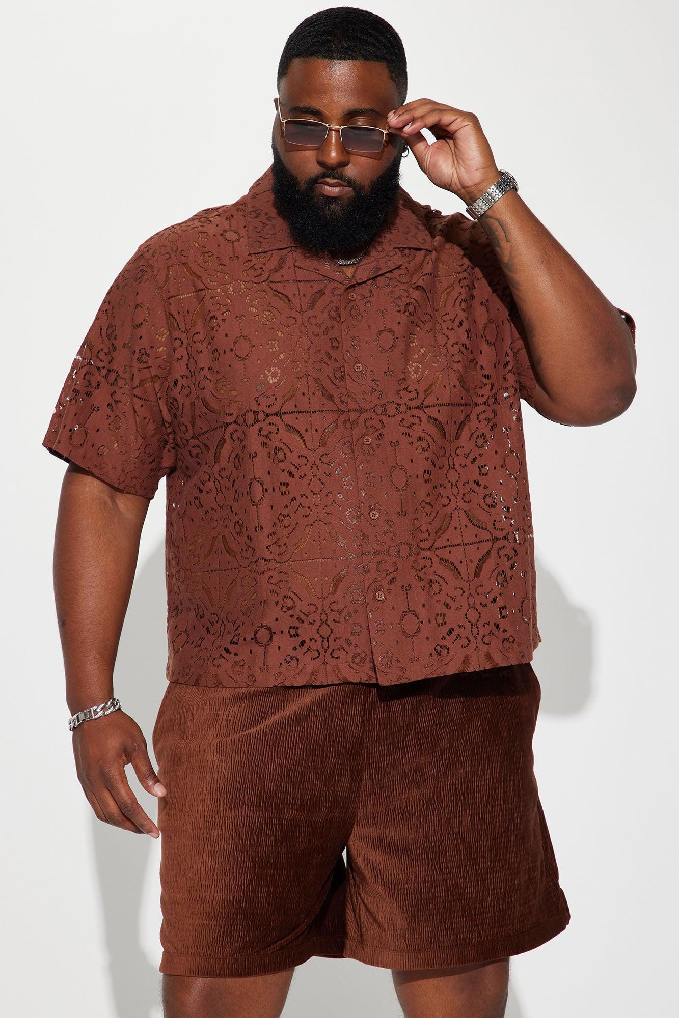 Light The Way Textured Short Sleeve Button Up - Brown Product Image