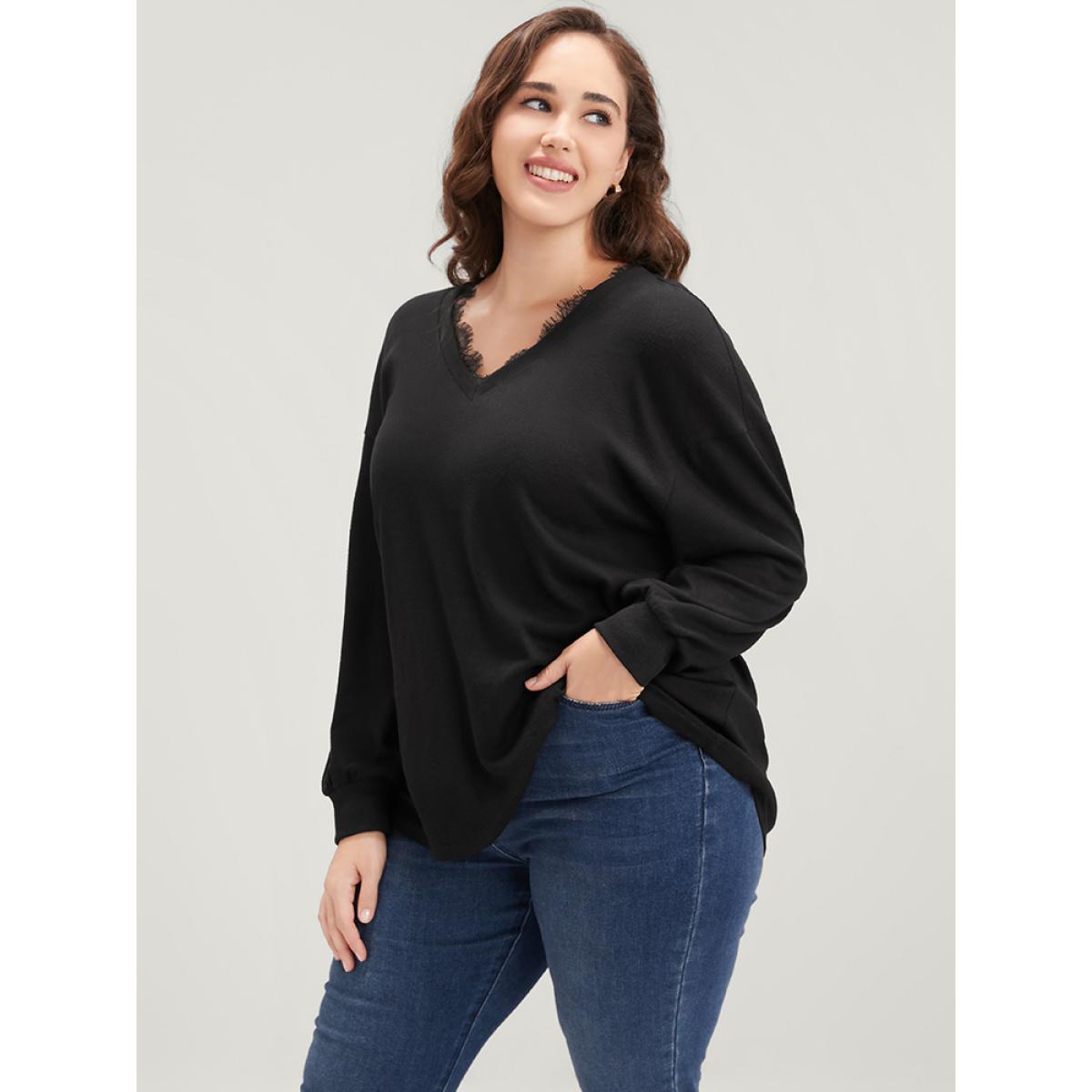 Plus Size Solid V Neck Lace Trim Drop Shoulder Sweatshirt Women Black Elegant Lace V-neck Dailywear Sweatshirts BloomChic 26/4X Product Image