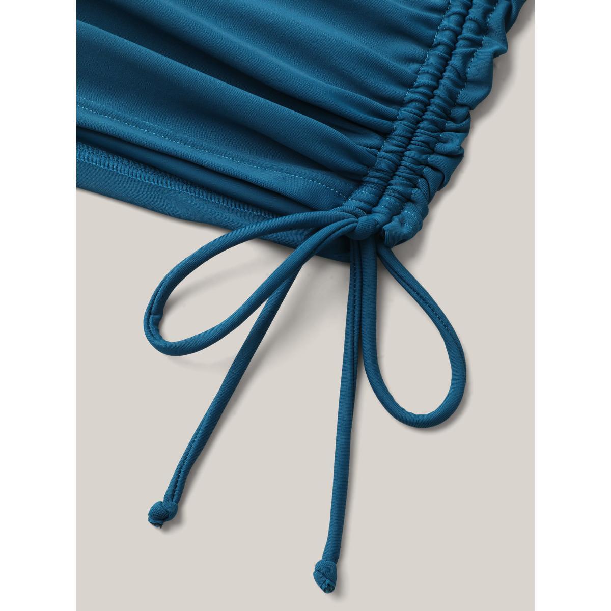 Plus Size Side Drawstrings Plain Swim Tankini Women's Swimwear Cyan Beach Drawstring High stretch Skinny U-neck Curve Swim Tops BloomChic 14-16/1X Product Image