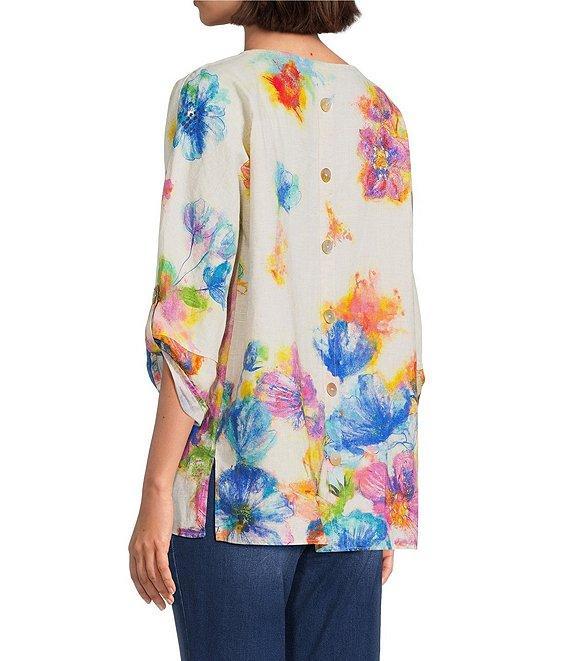 Ali Miles Petite Size Linen Blend Multi Floral Round Neck 3/4 Dolman Roll-Tab Sleeve Tunic Product Image