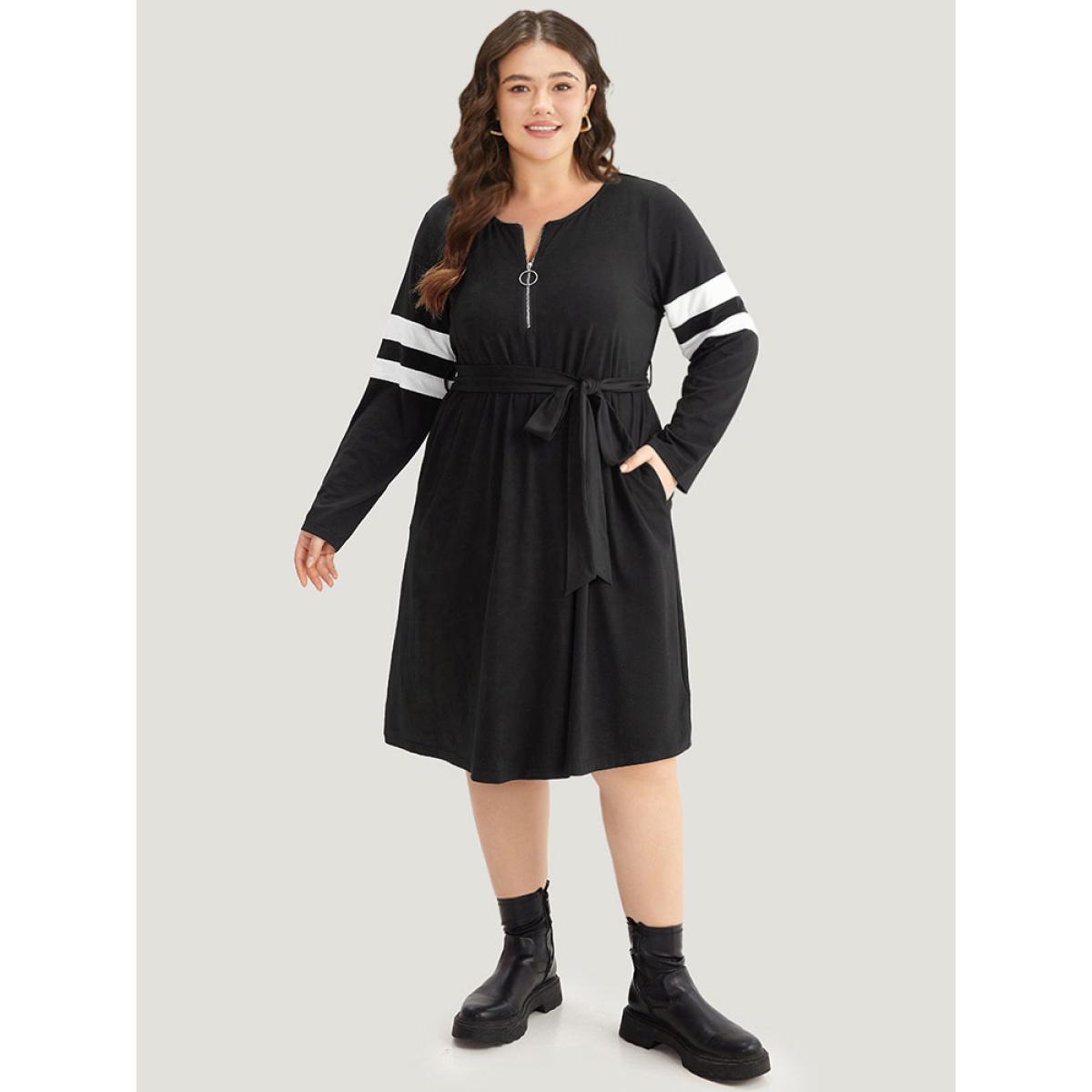 Plus Size Colorblock Patchwork Zipper Belted Dress Black Women Casual Belted Round Neck Long Sleeve Curvy Midi Dress BloomChic 18-20/2X Product Image