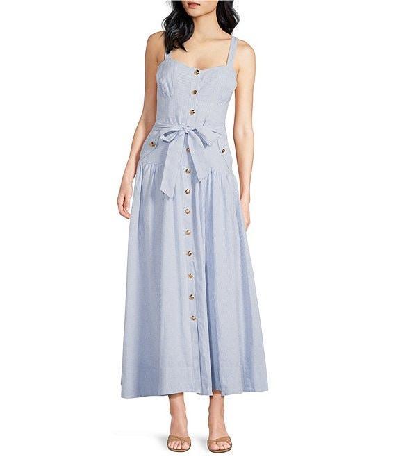 A Loves A Linen Stripe Sweetheart Neck Tank Strap Button Front Tie Drop Waist Flounce A-Line Midi Dress Product Image