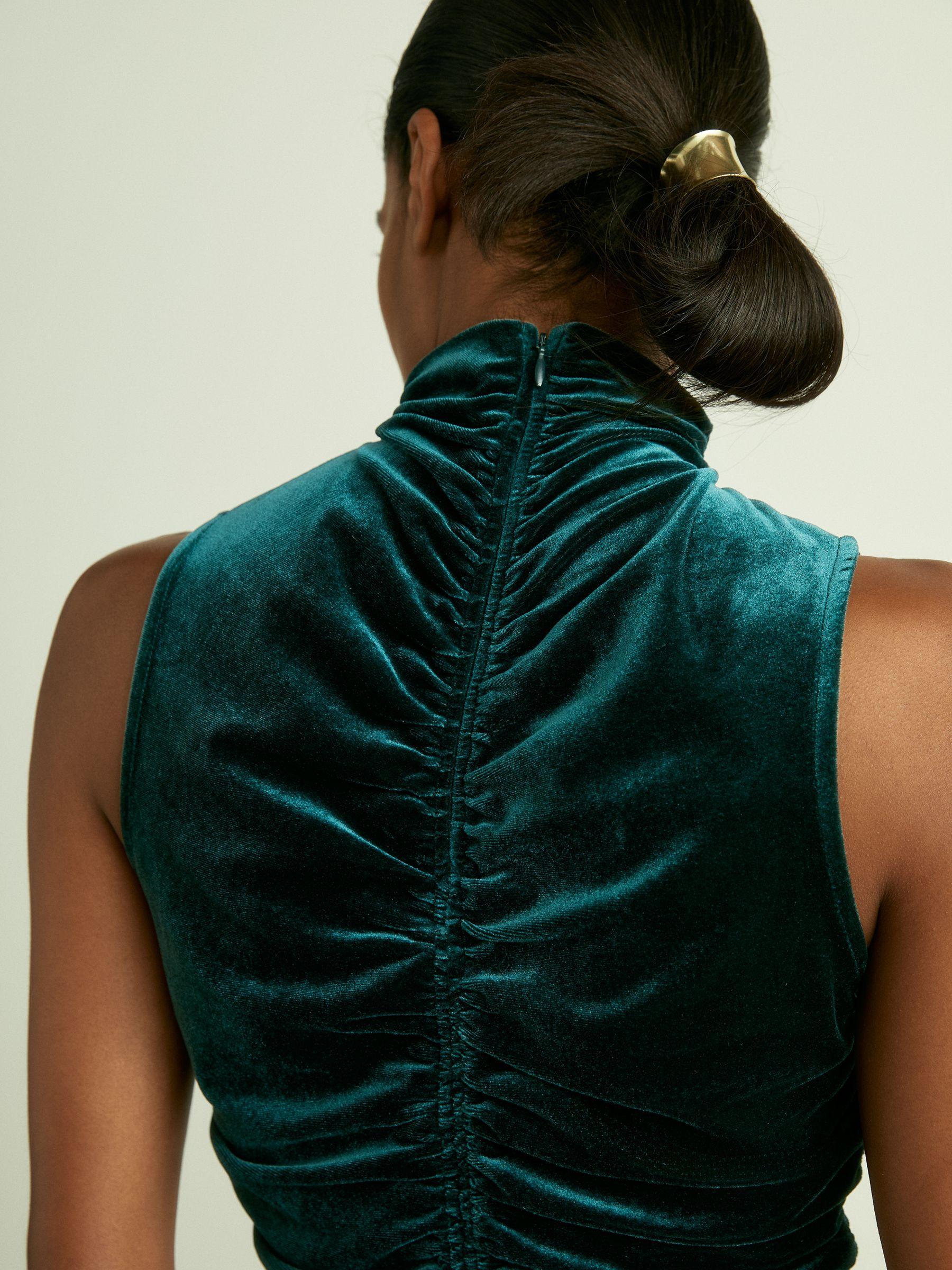 Racer-Front Ruched-Velvet Sleeveless Top in Teal Product Image