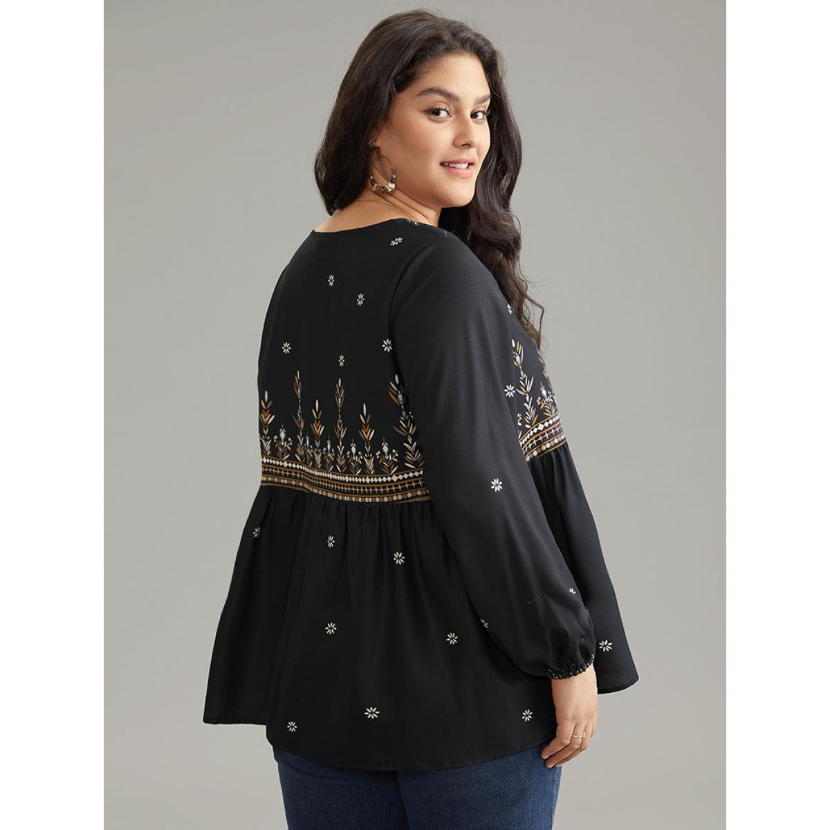 Plus Size Black Boho Print Lantern Sleeve Gathered Blouse Women Vacation Long Sleeve V-neck Vacation Blouses BloomChic 26/4X Product Image