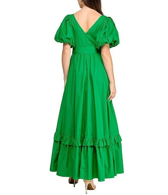 Layered With Love V-neck Short Puff Sleeves Self Belt Hi Low Ruffle Hem Maxi Dress Product Image