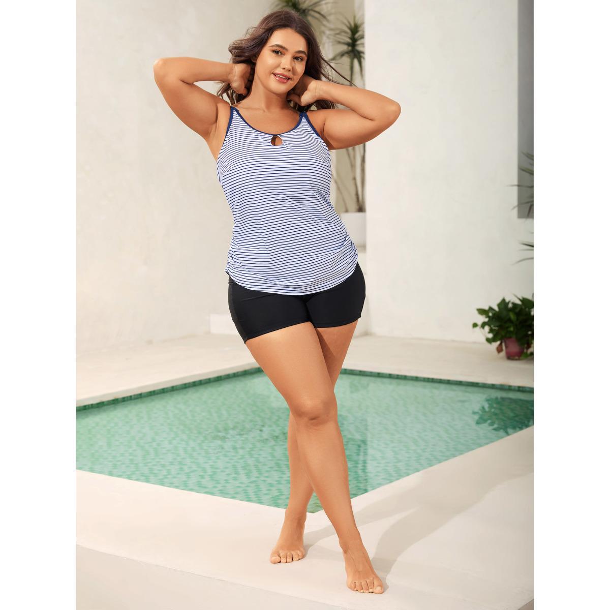 Plus Size Striped Neck Cut-Out Swim Top Women's Swimwear Indigo Beach Cut-Out High stretch Bodycon U-neck Curve Swim Tops BloomChic 14-16/1X Product Image