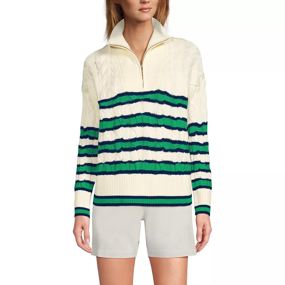 Women's Lands' End Drifter Cable Quarter Zip Sweater, Size: XL, Fresh Ivory Stripe Product Image