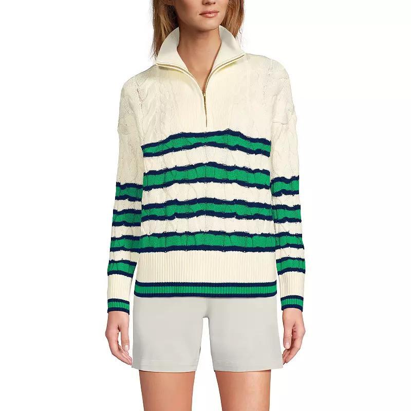 Women's Lands' End Drifter Cable Quarter Zip Sweater, Size: XL, Fresh Ivory Stripe Product Image