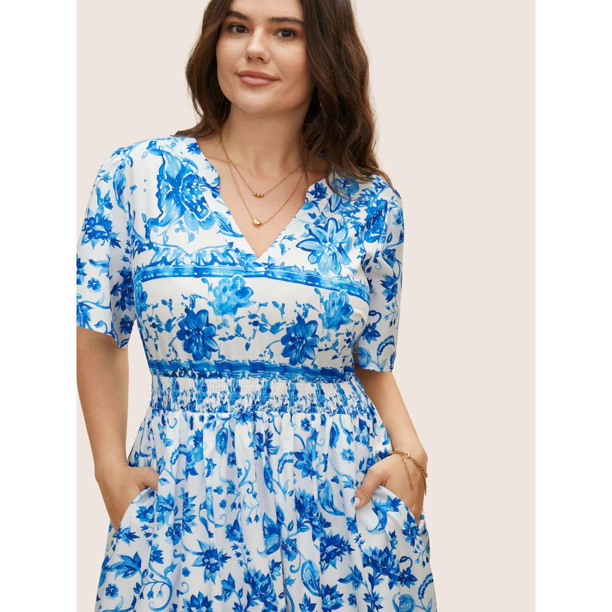 Plus Size Notched Collar Boho Print Shirred Dress Mediumblue Women Elegant Shirred Notched collar Short sleeve Curvy BloomChic 26/4X Product Image