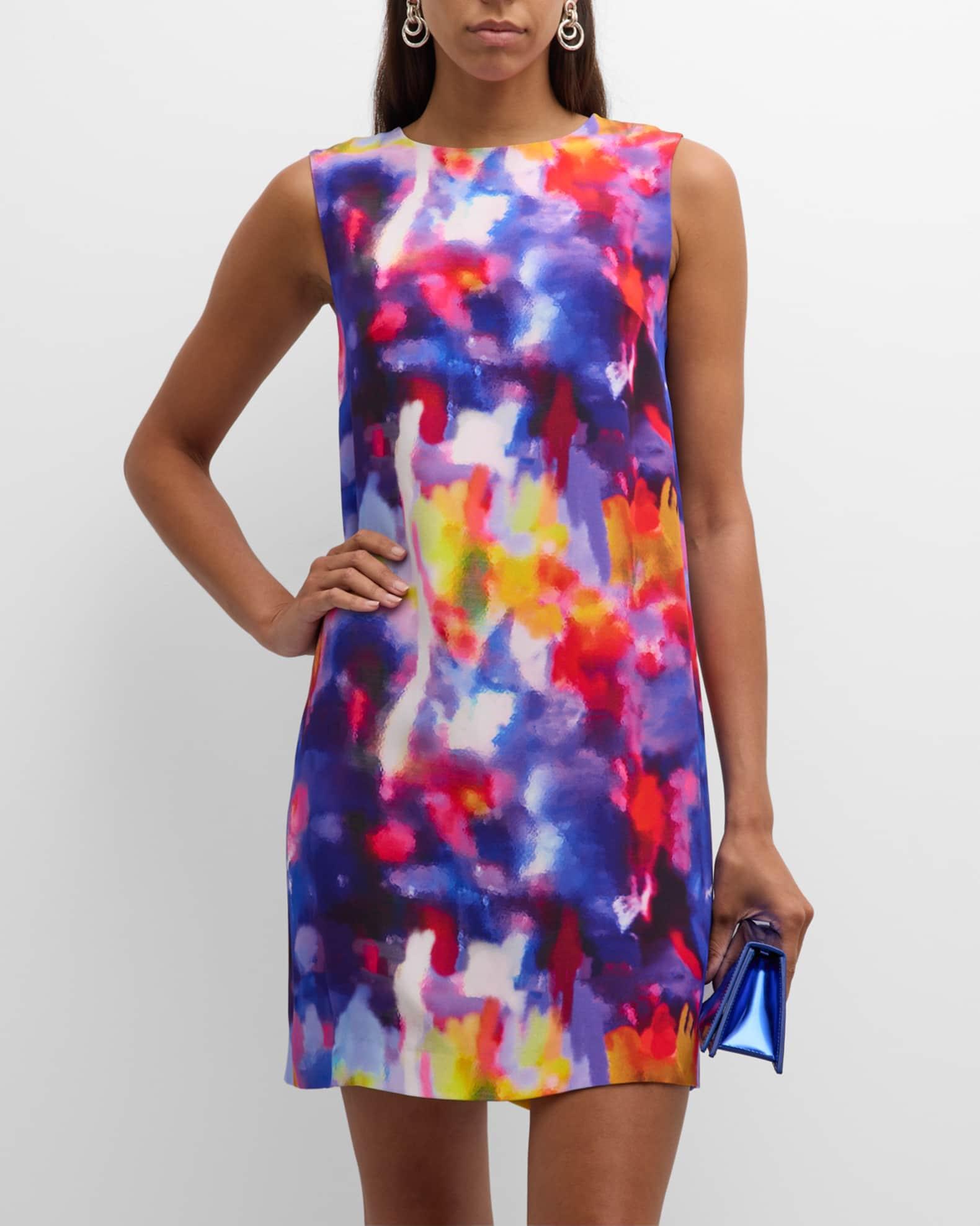Blur-Print Silk Sleeveless Mini Shift Dress Product Image