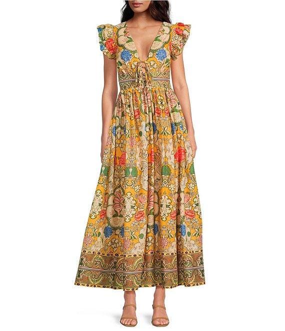 A Loves A Woven Floral Print Tie V-Neck Flutter Cap Sleeve A-Line Flounce Maxi Dress Product Image